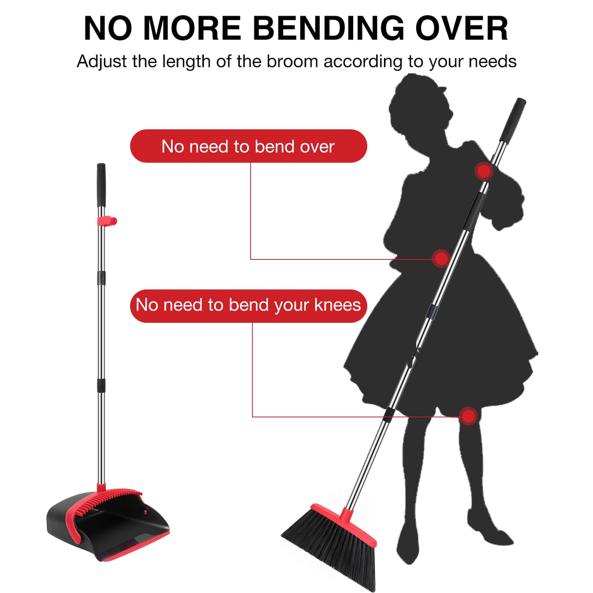 NACENA Broom and Dustpan Set, 52-in Long Adjustable Handle Broom Dustpan Combo with Dustpan Teeth to Automatically Clean Hair Suitable for Home Kitchen Office Hall Floor(Black&Red)