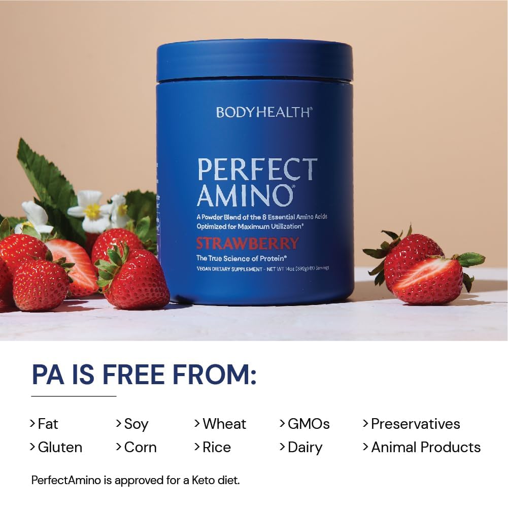 BodyHealth PerfectAmino Powder - BCAA and EAA Powder for Pre and Post Workout - Amino Acid Energy Drink for Men and Women to Support Lean Muscle and Recovery - Strawberry - 60 Servings