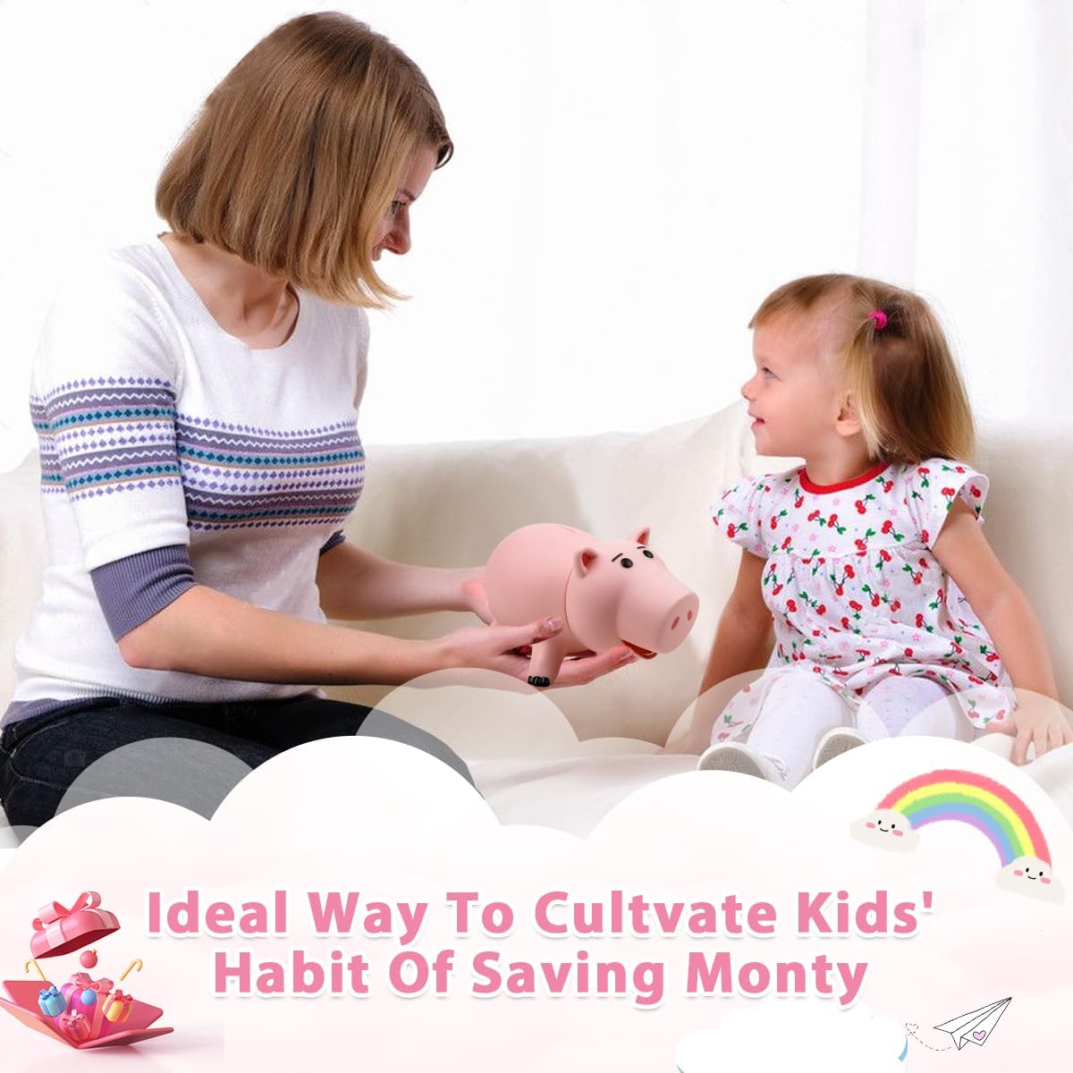 PHOCAS Hamm Piggy Bank Unbreakable Cute Pink Pig Money Bank Plastic Saving Coin Bank for Kids Christmas Birthday Gift