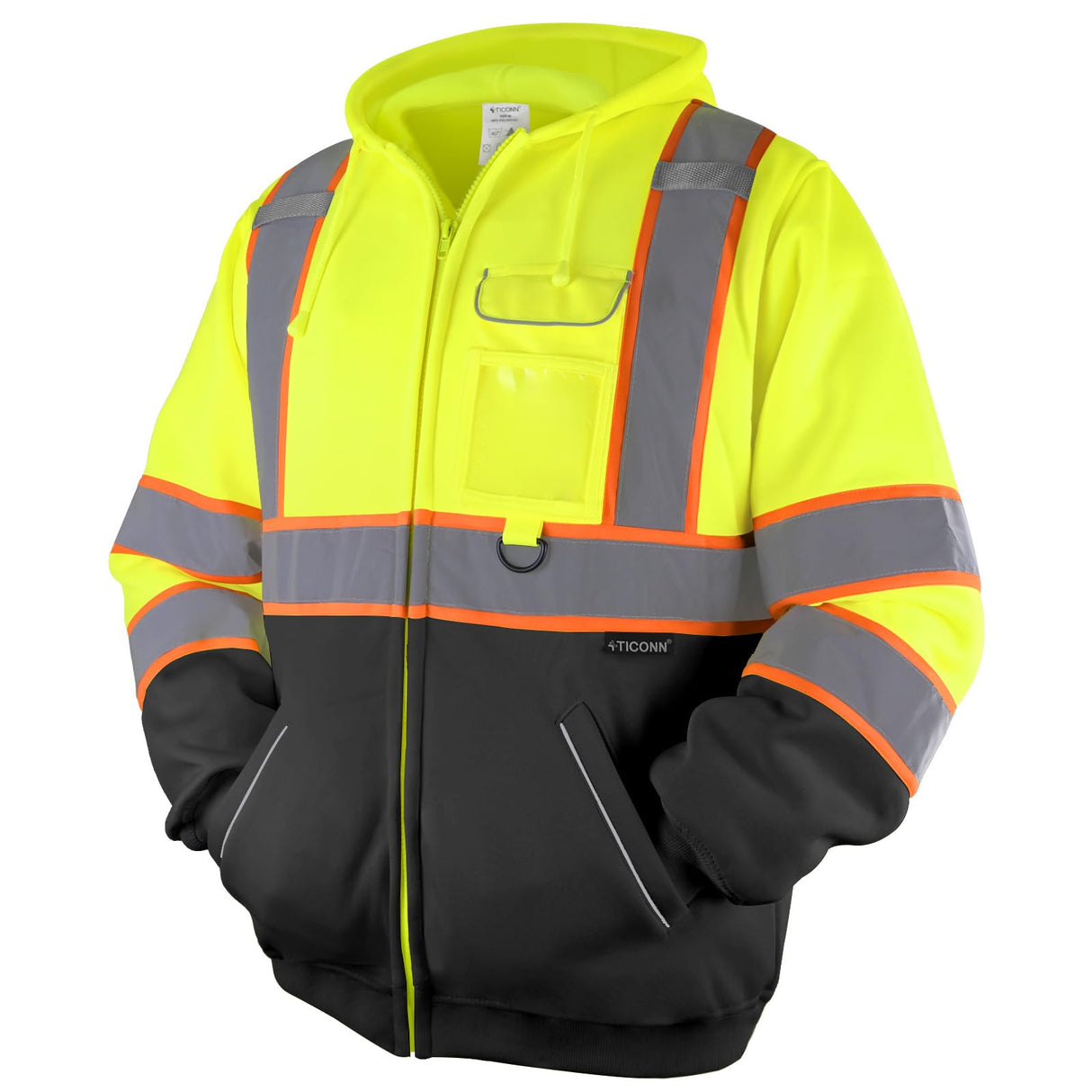 TICONN High Visibility Safety Sweatshirt Hoodie, Reflective Hi-Vis ANSI Class 3 Fleece Zippered Hooded Jacket with Black Bottom for men and women (Yellow&Black, L)