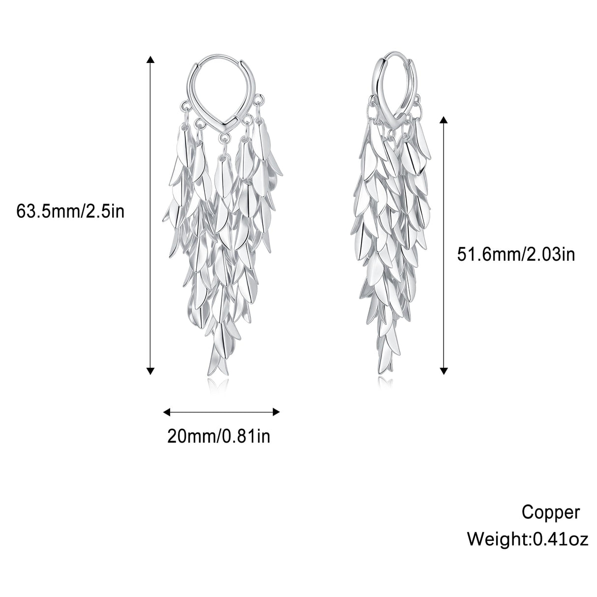 Sylph Silver Chandelier Earring for Women Copper, Long Tassel Dangle Drop Earrings, Leaf Huggie Earring Bohemian Jewelry Gifts for Everyday Wear