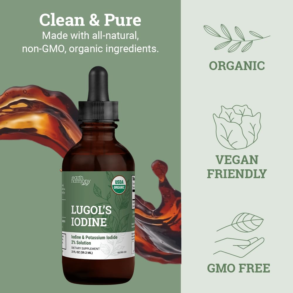 Organic Lugol's Iodine Liquid Drops Supplement - 2% Thyroid Non-GMO 2 Oz