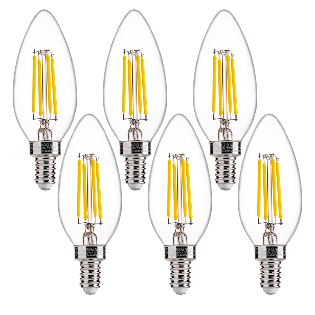 FLSNT 5000K Daylight B10 Dimmable 4W LED E12 Candelabra Bulbs, 40W Equivalent LED Chandelier Candle Bulbs, Clear Glass Finishing, 6 Pack UL,CA65 Listed.