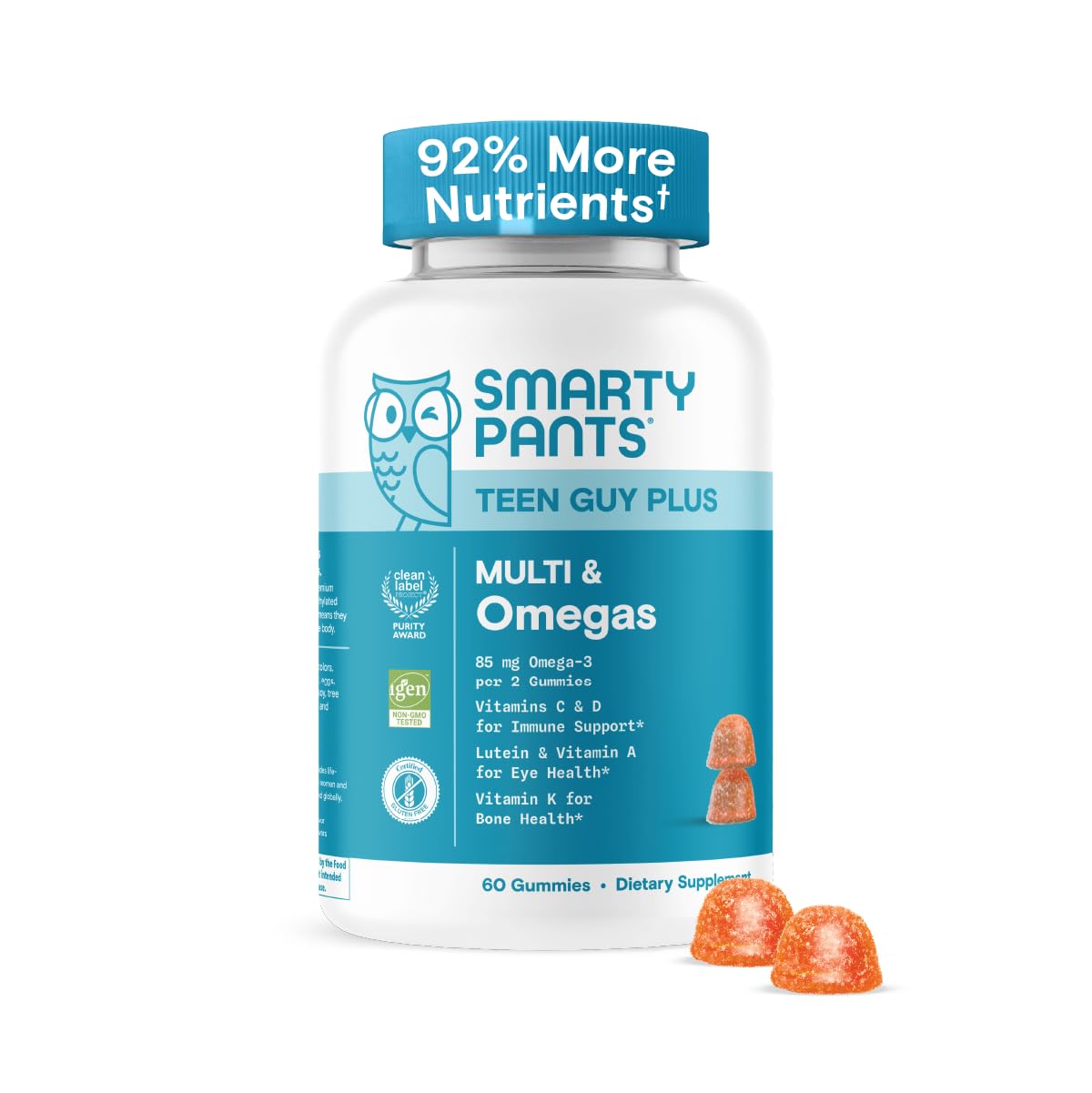 SmartyPants Teen Guy Multivitamin Gummies - Improved Formula: Omega 3 (DHA/EPA), Vitamin D3, C, Vitamin B12, B6, A, K & Zinc, Folate, Gluten Free, Fruit Flavor, 60 Count (30 Day Supply)