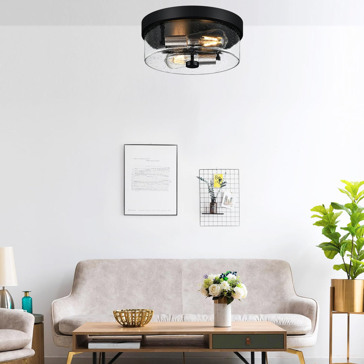 Flush Mount Ceiling Light Fixtures, 2-Light Black and Silver Ceiling Mount for Farmhouse with Seeded Glass Lampshade, Industrial Flush Mount Light Fixture for Hallway, Kitchen, Entryway and Foyer