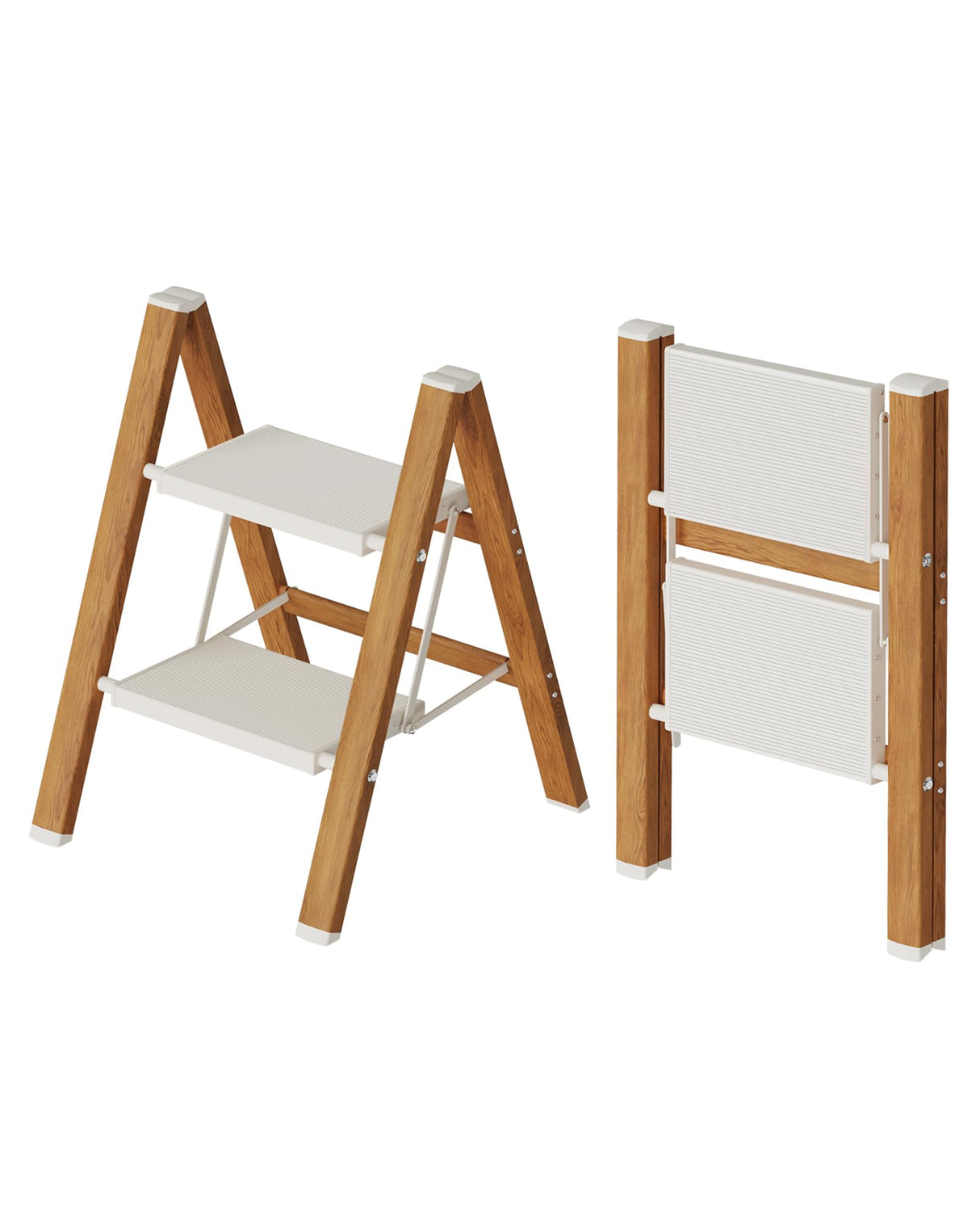 Mayi Plus 2-Step Aluminum Ladder,Lightweight Folding Step Stool with Extra-Wide Anti-Slip Steps,330 lbs Capacity,Compact Space-Saving Design for Home,Kitchen and Office(White&Woodgrain)