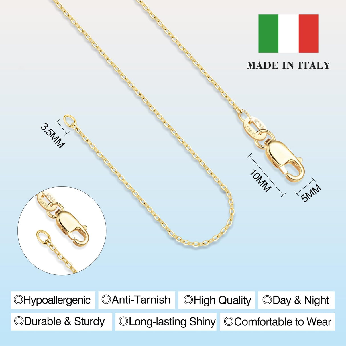 WishChic 18k Gold Plated Chain Necklace for Women, 1.1mm Dainty Cable Chain Gold Chain for Women Sturdy & Non Tarnish Gold Necklace Women, 20 Inches