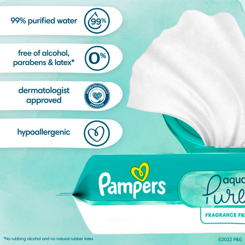 Pampers Baby Wipes Aqua Pure, 99% water-based wipes, Hypoallergenic and Unscented Infant Wipe, 448 Total (8 Flip-Top Packs)