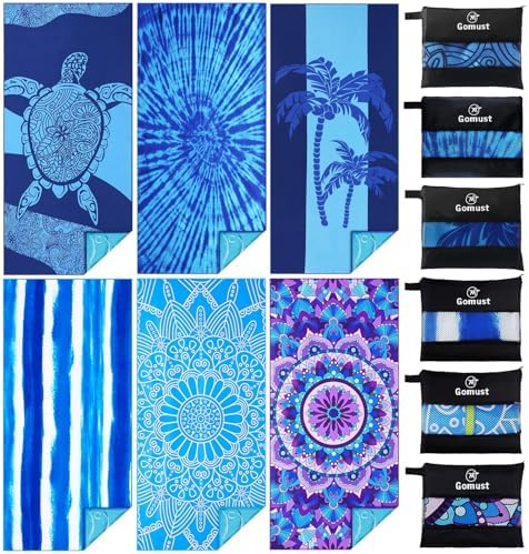 6 Pack Lightweight Thin Beach Towel Oversized 71"x32" Big Extra Large Microfiber Sand Free Towels for Adult Quick Dry Travel Camping Beach Accessories Gift Turtles Tie Dye Coconut Tree Mandala Stripe