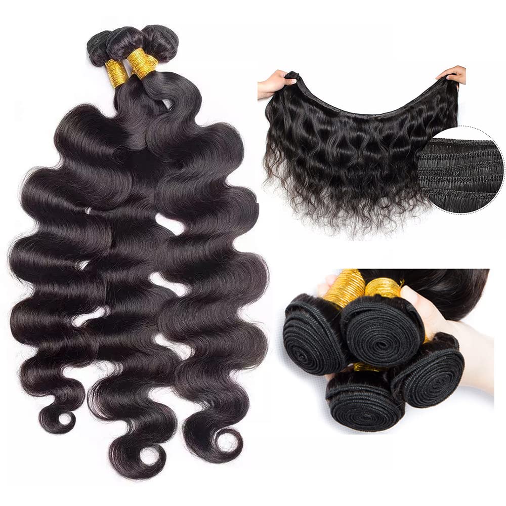 Body Wave Bundles Human Hair 26 28 30 Inch 100% Unprocessed Human Hair Bundles 12A Brazilian Virgin Hair Weave Body Wave 3 Pieces Natural Black Color 300G