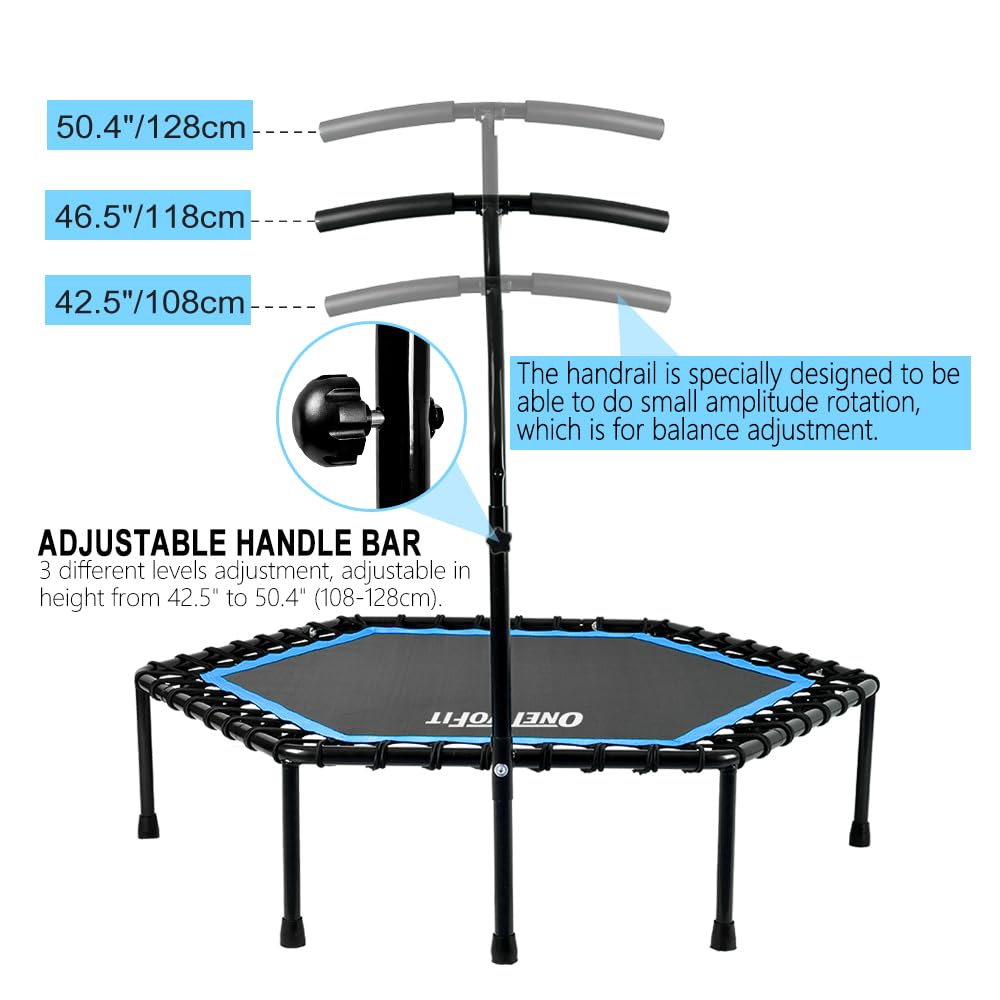 ONETWOFIT 48" Silent Mini Trampoline with Adjustable Handle Bar Fitness Trampoline Bungee Rebounder Jumping Cardio Trainer Workout for Adults Blue
