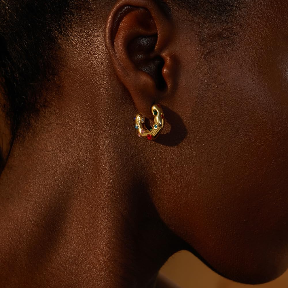 FRUMOS 14K Gold Huggie Hoops 925 Silver Post Colorful CZ Earrings for Women