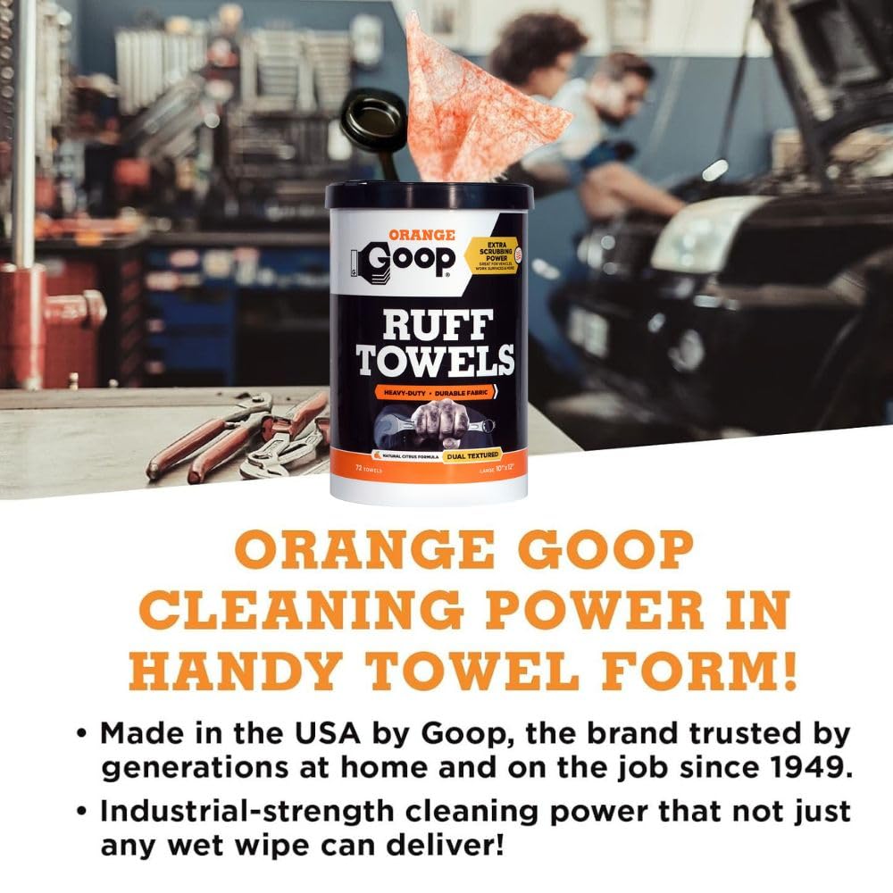 GOOP Orange Heavy Duty Ruff Towels with Scrubbing Power, 10โ x 12โ Dual Textured Multi-Purpose Cleaning Wipes, Removes Dirt, Grease, Oil, 72 Count