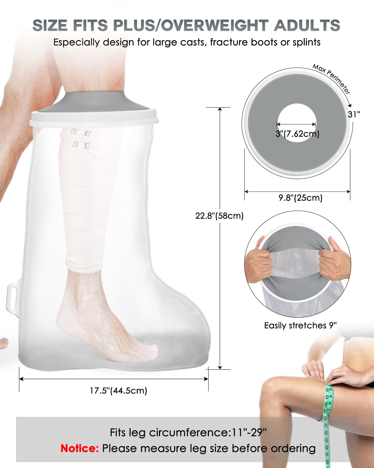 Waterproof Extra Wide Cast Covers for Shower Leg with Upgraded Non-Slip Bottom, Extra Large Cast Protector for Shower Leg Foot Ankle, Watertight Leg Cast Cover for Plus Size Adults Surgery Casts Boots