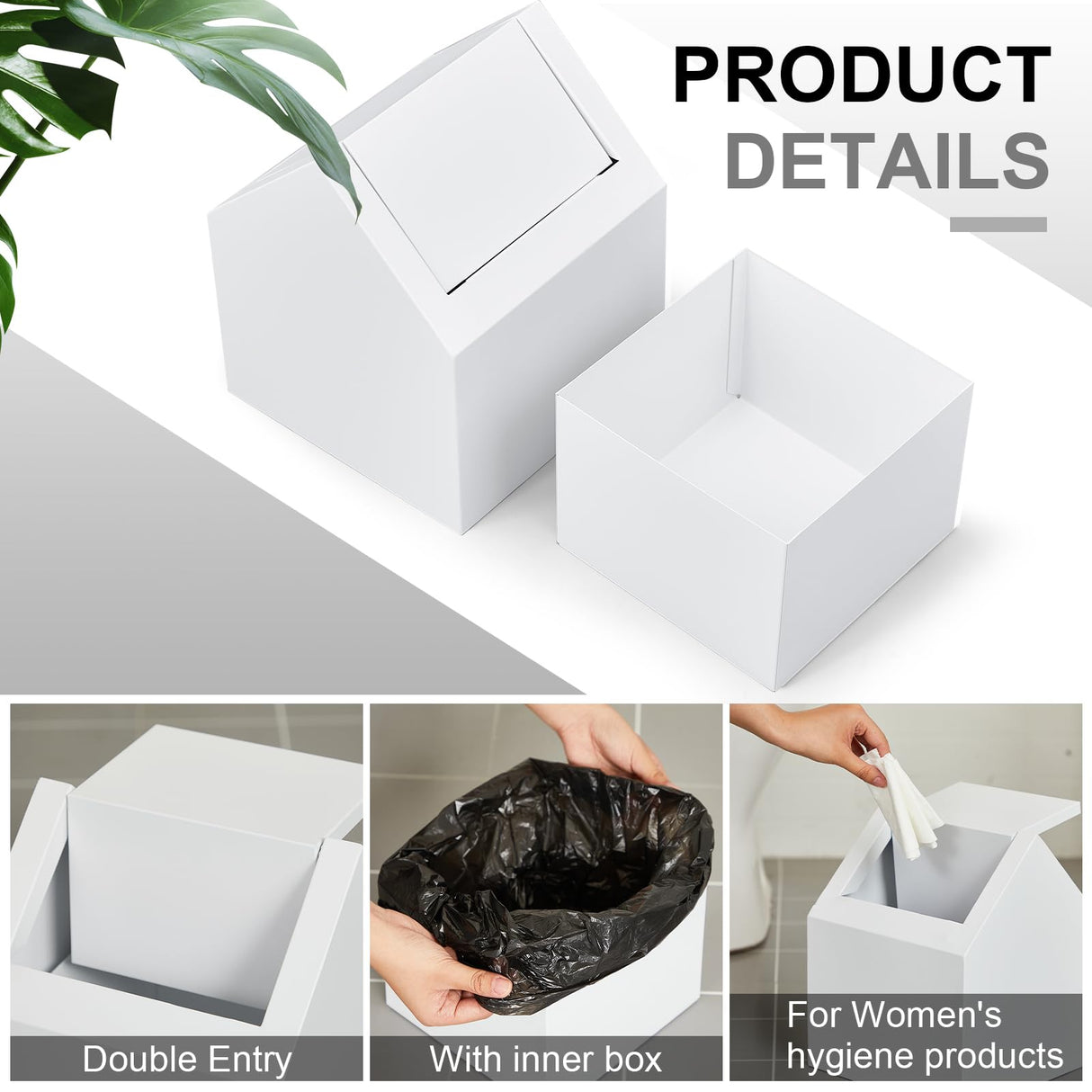 Kritkin Double Entry Sanitary Napkin Receptacle Swing Top Floor Receptacle Tampon Disposal Bin with 100 Black Disposal Liner Bags, Feminine Waste Tampon Holder Bathroom Hygiene Container, White, Metal