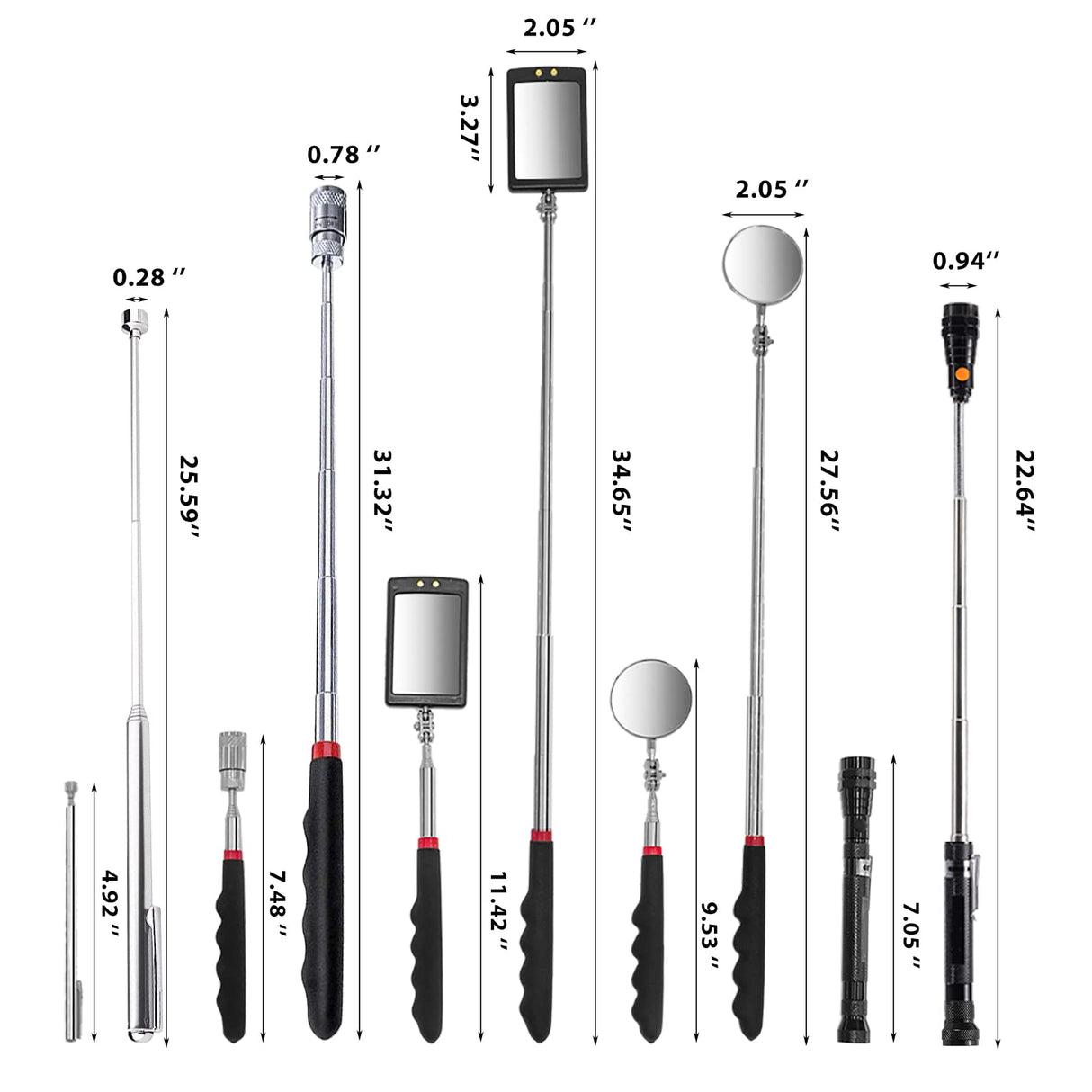 Telescoping Magnetic Pick Up Tool with 1 lb and 15 lb Pickup Rod, Round and Square 360 Swivel Adjustable Inspection Mirror and Flexible LED Flashlight, Fathers Day Gifts for Dad, Him, Husband, Men