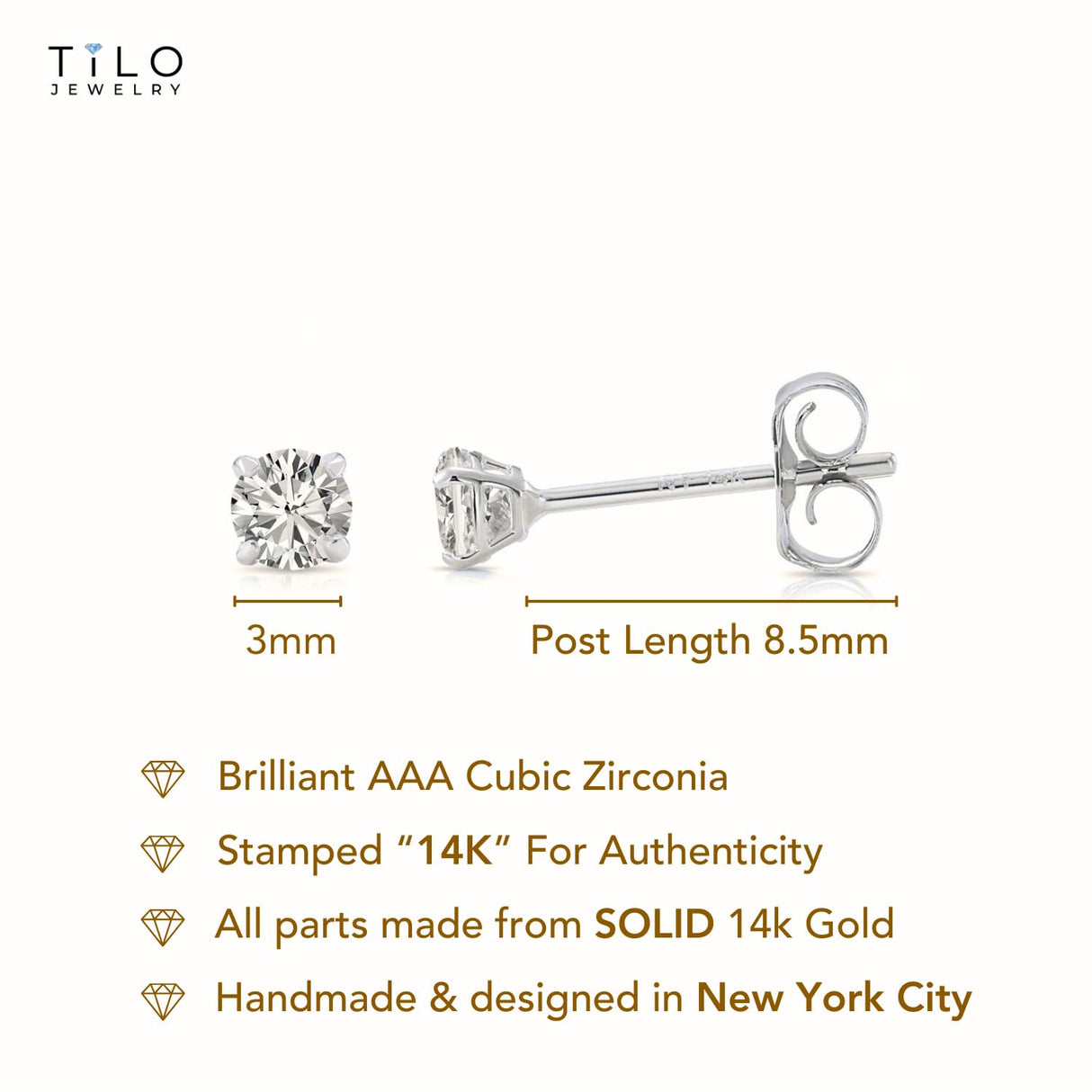14k White Gold Solitaire Round Cubic Zirconia Stud Earrings Pushbacks 3mm