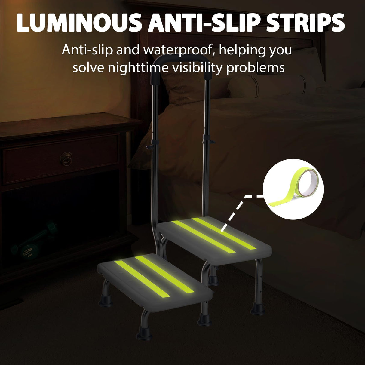 2 Step Stool with Handle for Elderly - Non-Slip Bedside Steps with Adjustable Handrail (450 lbs Capacity)