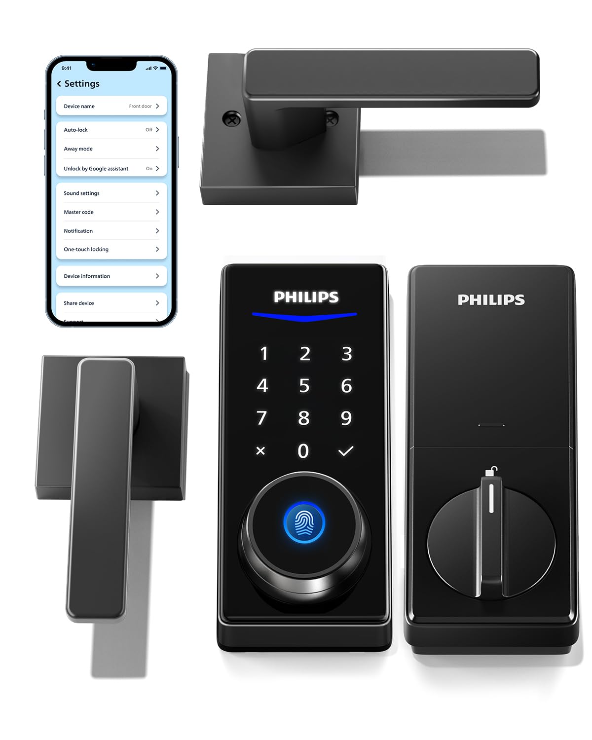 Philips Smart Lock with Handles, Keyless Entry Front Door Lock Set, Smart Keypad Deadbolt with Handle, Digital Door Lock for Front Door, App Fingerprint PIN Code Unlocking, Auto Locking