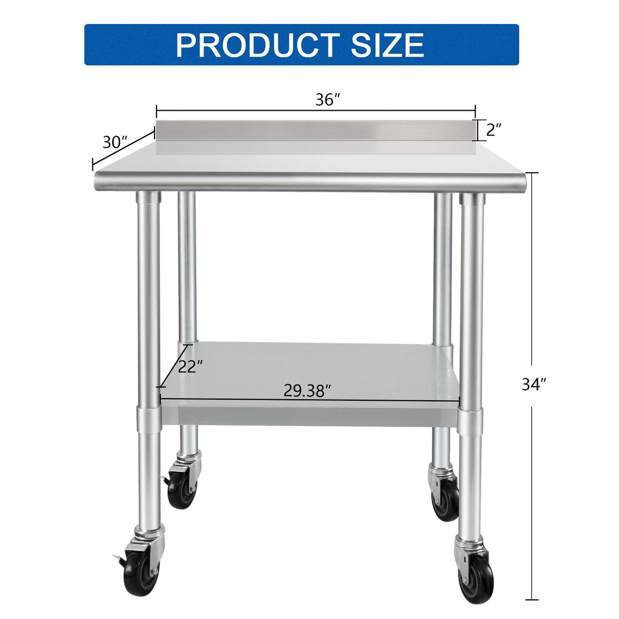 HARDURA Stainless Steel Table 30 x 36 Inches with Wheels Casters NSF Heavy Duty Commercial Prep Table with 2” Backsplash and Adjustable Undershelf for Restaurant Kitchen Home and Hotel