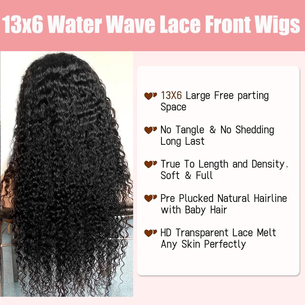 200 density 13x6 Water Wave Lace Front Wigs Human Hair Pre Plucked Glueless Wigs Human Hair Water Deep Cury HD Transparent 13x6 Full Lace Frontal Wigs Brazilian Virgin Hair Wigs Natural Black 28inch