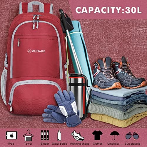 ZOMAKE Lightweight Packable Backpack 30L, Foldable Hiking Backpacks Water Resistant Compact Folding Daypack for Travel(Red)