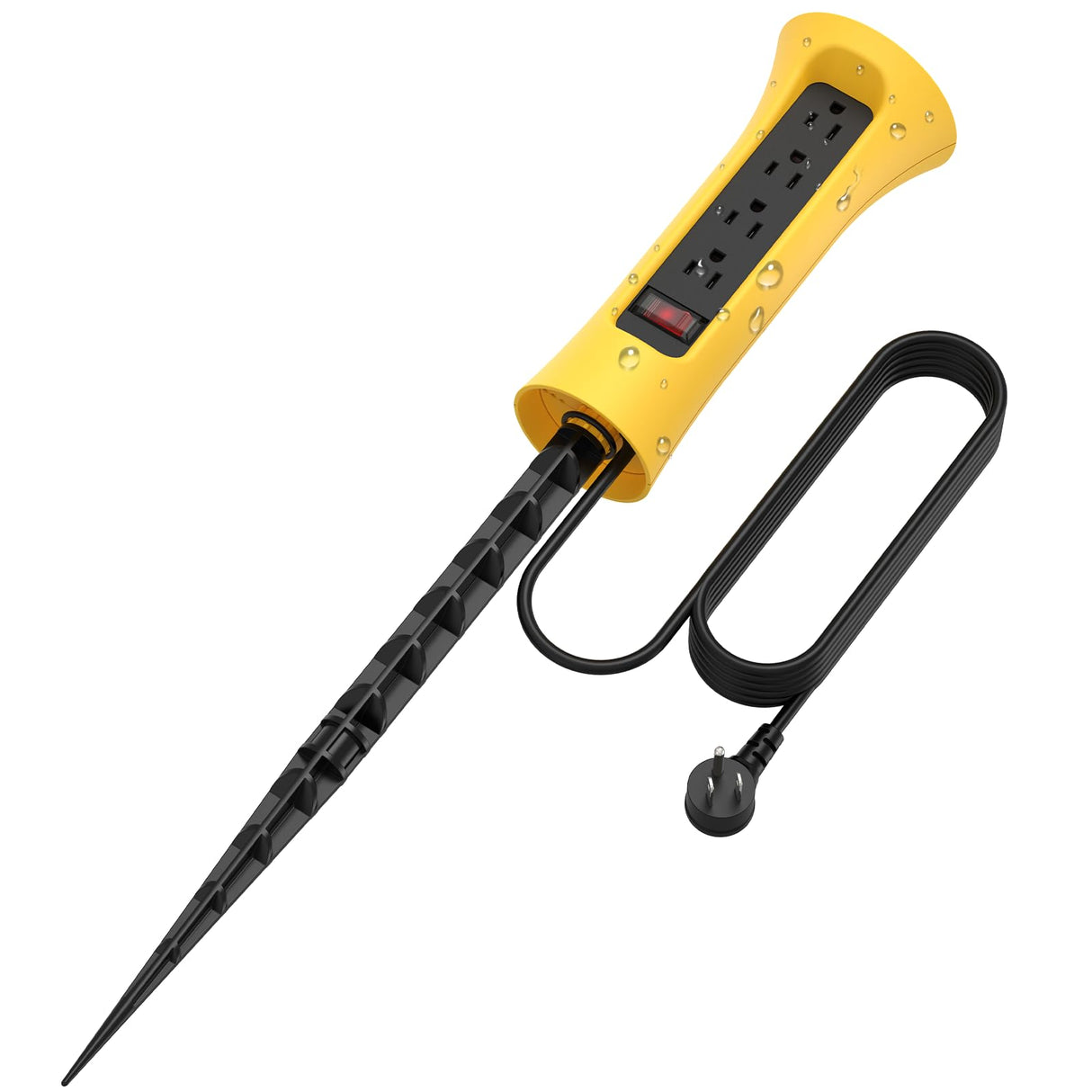 CCCEI Outdoor Power Strip Weatherproof with Stake, Waterproof Extension Cord with Multiple Outlets, Christmas Exterior Garden Decor, Yard, Camping, 4 Plugs, Surge Protector 6FT, Yellow.