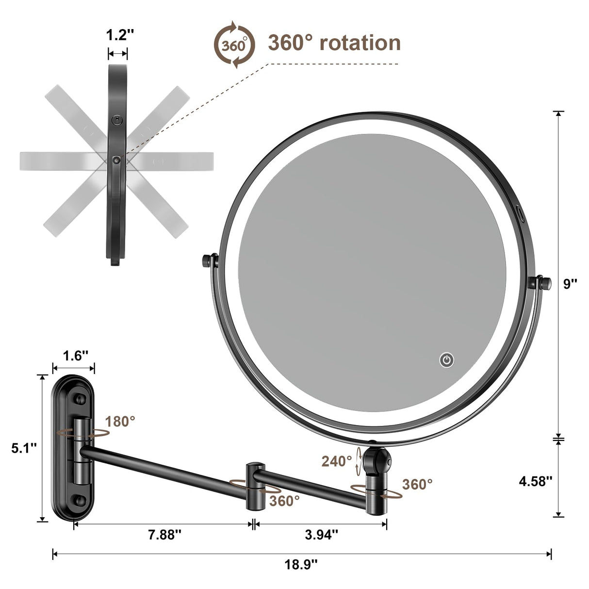 9" Wall Mounted Makeup Lighted Mirror, 4000mAh Rechargeable Double Sided LED Vanity Mirror with Height Adjustable&1X/10X Magnification, 3 Color Lights Touch Screen Dimmable 360°Swivel Bathroom Mirror