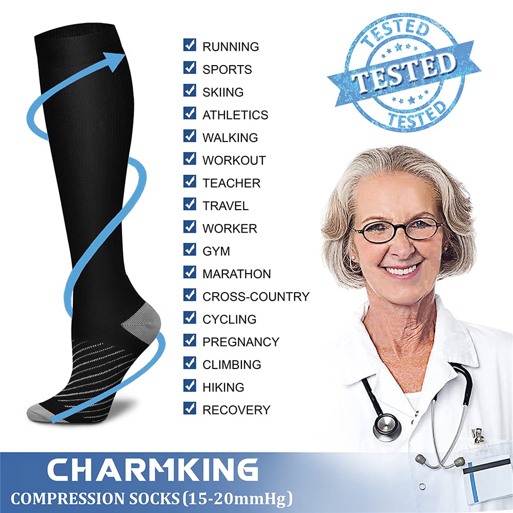 CHARMKING Compression Socks for Women & Men (8 Pairs) 15-20 mmHg Graduated Copper Support Socks are Best for Pregnant, Nurses - Boost Performance, Circulation, Knee High & Wide Calf (S/M, Multi 39)