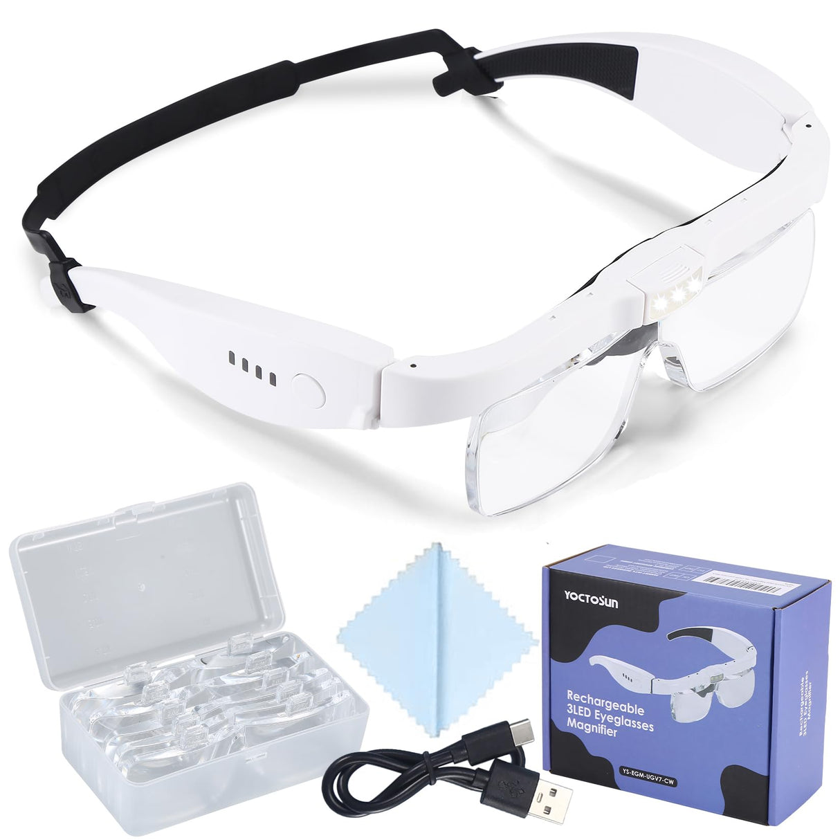 YOCTOSUN Head Magnifier Glasses with 3 LED Lights and 5 Detachable Lenses 0.75X, 1.25X,2.0X, 3.0X and 4.0X, USB Charging Eyeglasses Magnifier, Magnifying Glasses with Light for Close Work Hobby Crafts