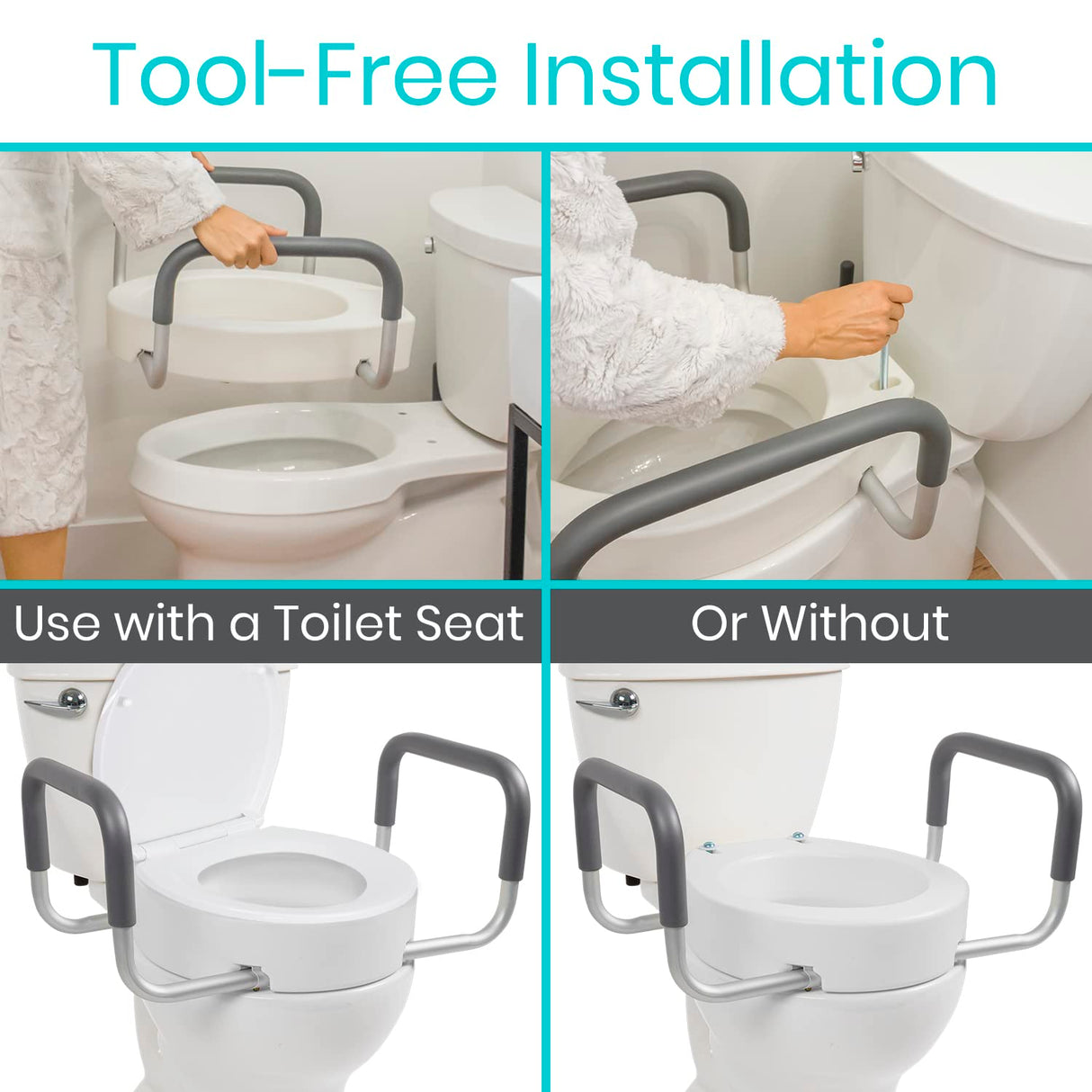 Vive Raised Toilet Seat Riser for Seniors (with Handles) - Handicap Rail Grab Bar Seat for Over Toilet - Elevated Safety for Elderly, Disabled, Medical - Elongated & Standard Options