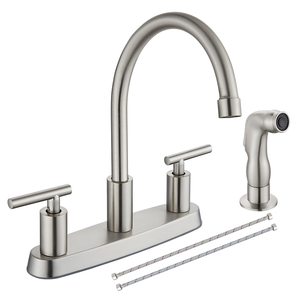 Cinwiny Kitchen Faucet, High Arc 360° Swivel Spout, 2-Handle 8 Inch Centerset Kitchen Sink Faucet with Side Sprayer, 3 or 4 Hole Kitchen Faucet for RV, Utility & Laundry Sink, Brushed Nickel