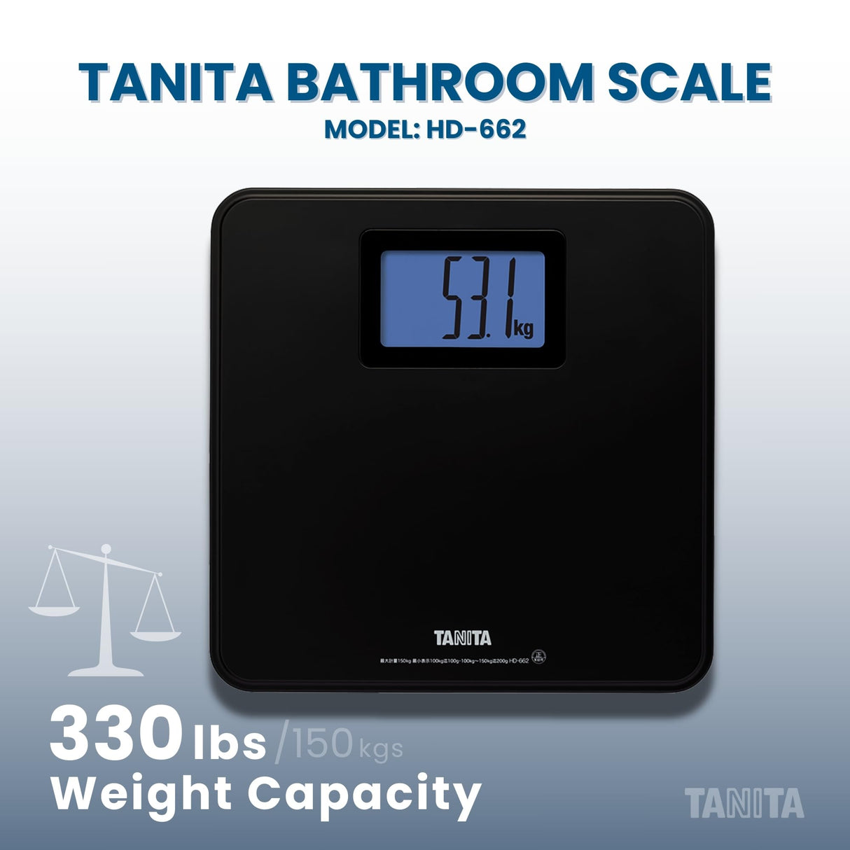 Tanita HD-662 Digital Weight Scale (Black) - Japan Technology Bathroom Scale with 330 lb Weight Capacity - 2" Blue Backlit Large LCD Display - Accurate, Durable, Step-On Operation