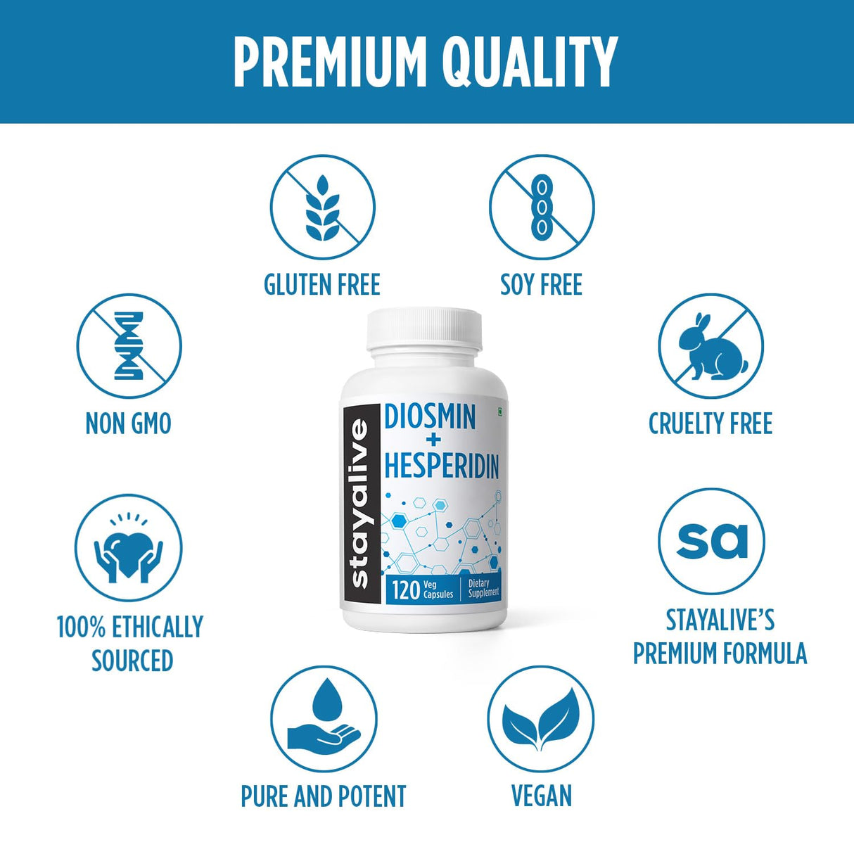 STAY ALIVE Diosmin Hesperidin 1000mg Complex, 120 Count, Citrus Bioflavonoids Rich Fruit Extract, 2 Month Supply, 100% Vegetarian, Non-GMO & Gluten Free Hesperidin and Diosmin Supplement Capsules