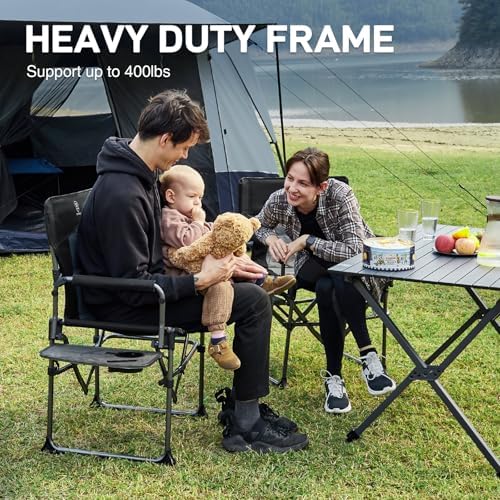 EVER ADVANCED Camping Directors' Chair with Side Table, Portable Folding with Compact Size, Heavy Duty Lawn Chair with Pocket for Camping, Lawn, Sports and Fishing, 400lbs, Black 2 Pack