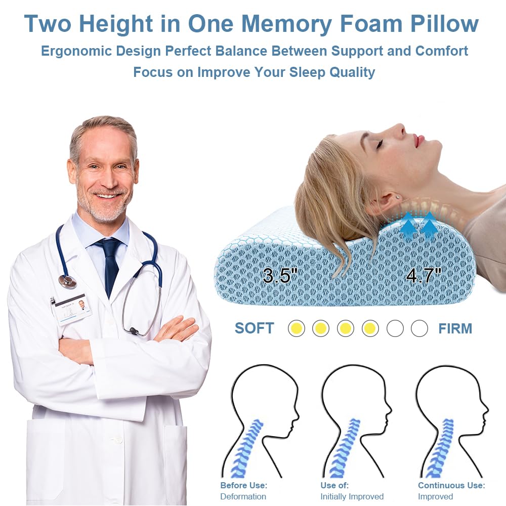 Anvo Memory Foam Pillow, Neck Contour Cervical Orthopedic Bed Pillow for Sleeping Side Back Stomach Sleeper, Ergonomic Design for Neck and Shoulder Pain Relief, Blue White, Firm
