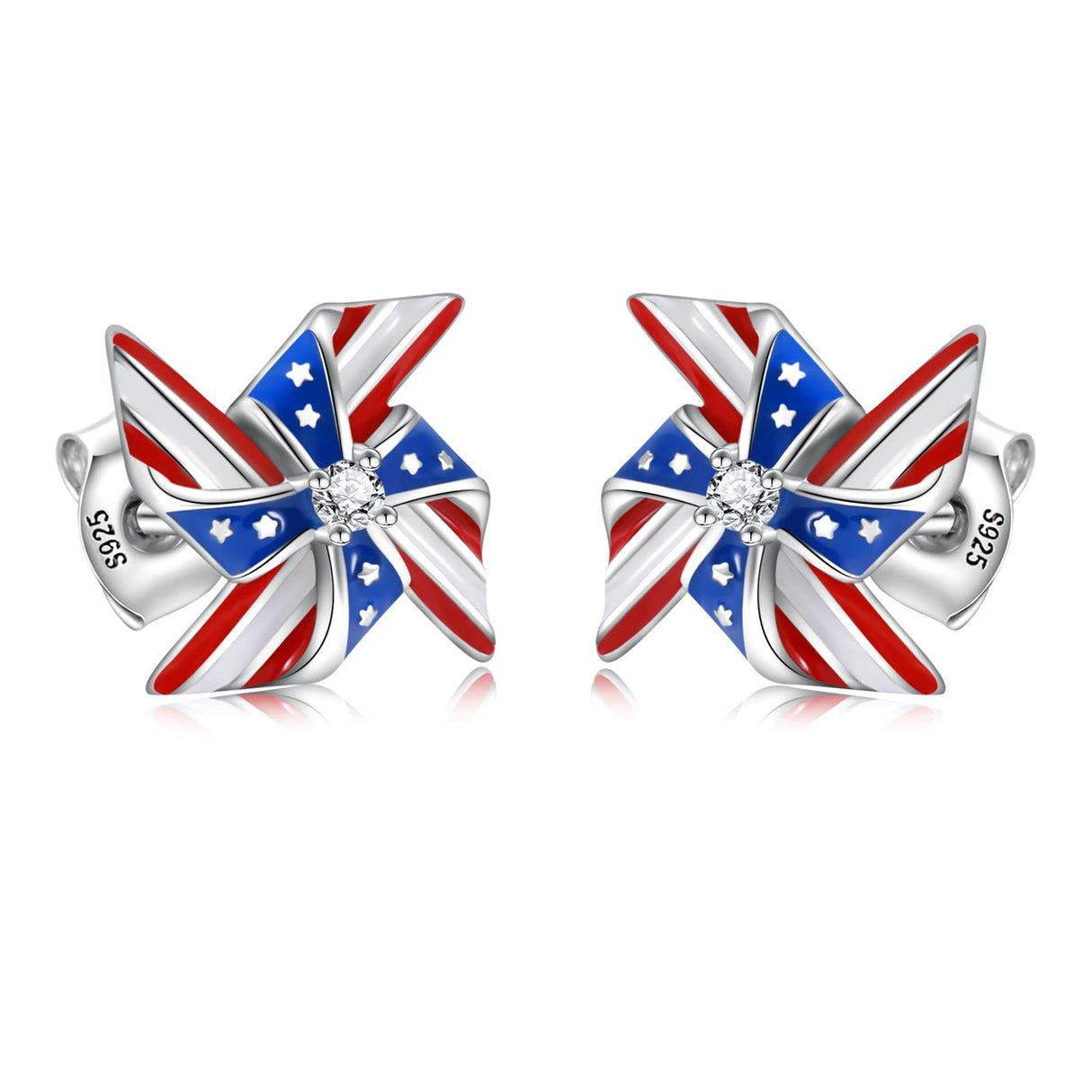 Silver USA American Flag Earrings - Patriotic Star Ears Stud Fourth of July Windmills Independence Day Hoop Jewelry Gift for Women Veterans