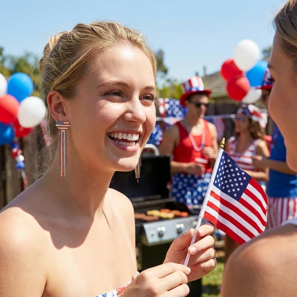Tasunom American Flag Dangle Earrings for Women, Patriotic 4th of July Earrings, 14K Gold Plated CZ Crystal USA Flag Drop Earrings with S925 Post
