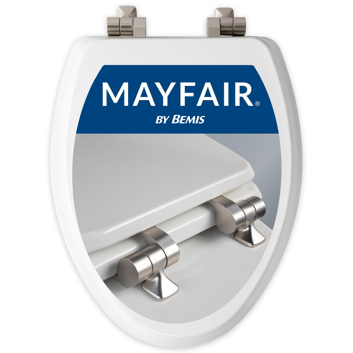 Mayfair Bennett Toilet Seat with Brushed Nickel Hinges, Slow Close Wood Seat, Secure Metal Hinges, Easy Install, Elongated, White