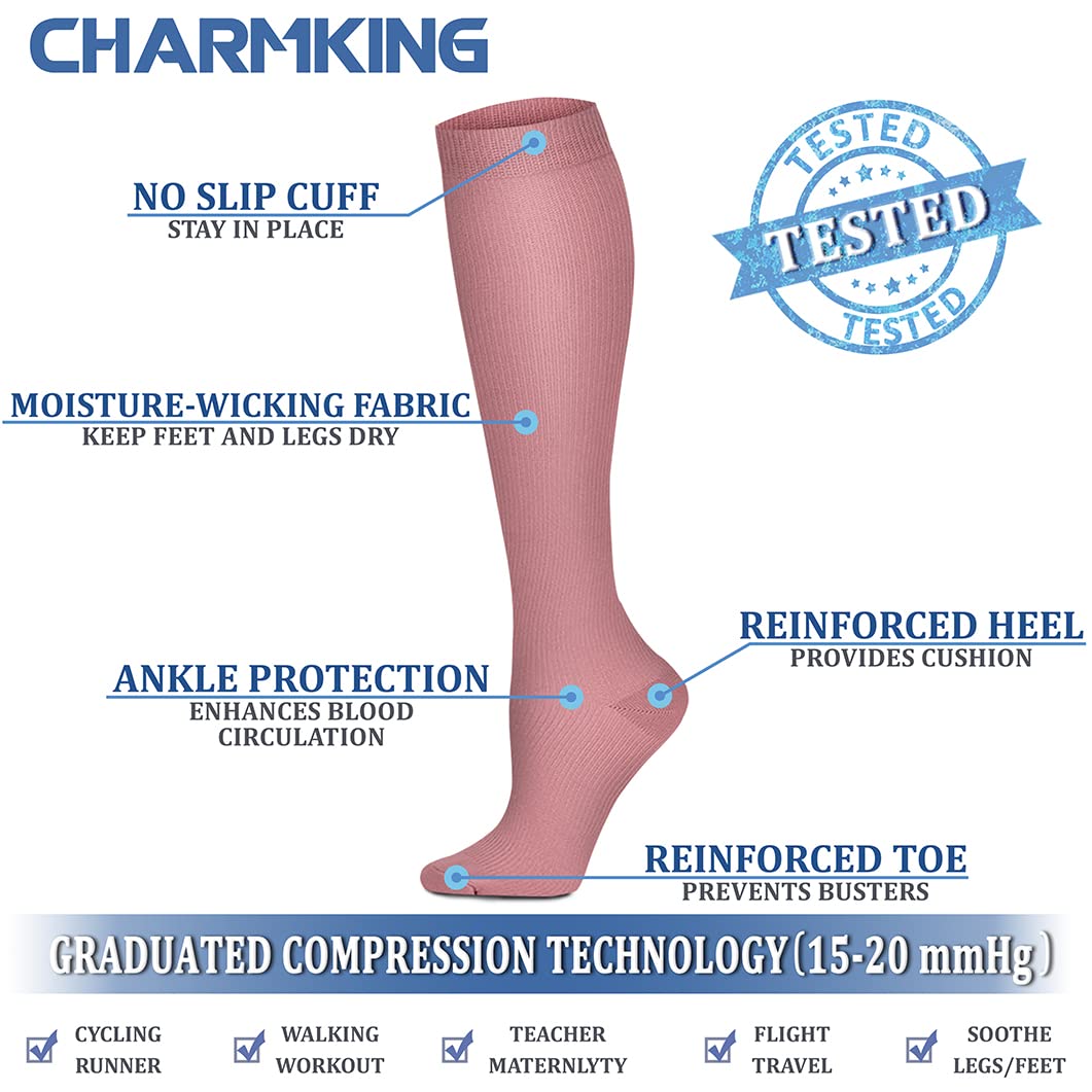 CHARMKING Compression Socks for Women & Men (8 Pairs) 15-20 mmHg Graduated Copper Support Socks are Best for Pregnant, Nurses - Boost Performance, Circulation, Knee High & Wide Calf (S/M, Multi 43)