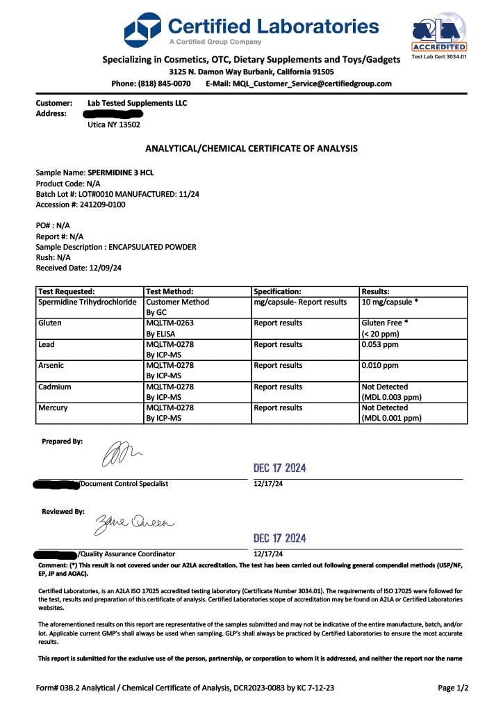 Lab Tested Supplements - Spermidine 3HCL Supplement - 120 10mg Capsules - 3rd Party COA's provided with Every lot# - Spermidine Trihydrochloride