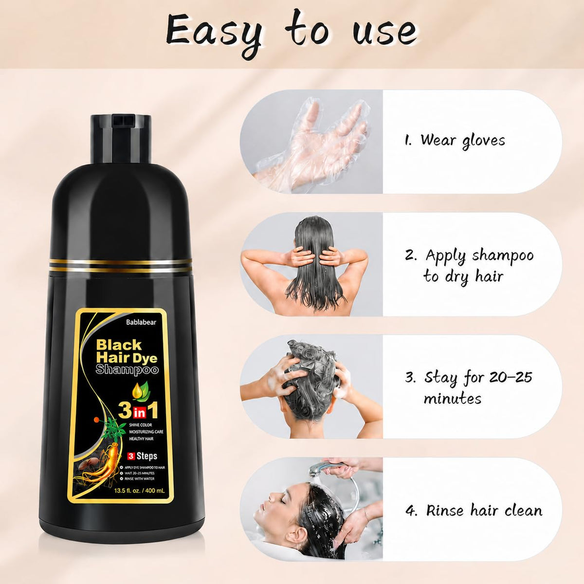Bablabear Black Hair Dye Shampoo for Gray Hair,Hair Color Shampoo for Women and Men, Grey Coverage.