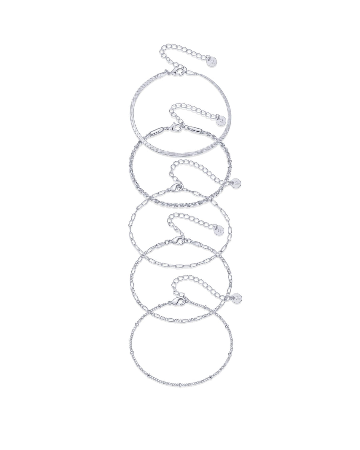 PAVOI Rhodium Plated Chain Bracelet Pack for Women | Jewelry Set of 5 Stackable Bracelets Paperclip Snake Rope Figaro Station Beaded Chains