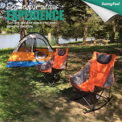 SUNNYFEEL Oversized Heated Camping Chair, Folding Rocking Camping Chairs with Luxury Padded Recliner,Carry Bag, 500 LBS Heavy Duty for Lawn/Outdoor/Picnic/Patio, Portable Rocker Camp Chair