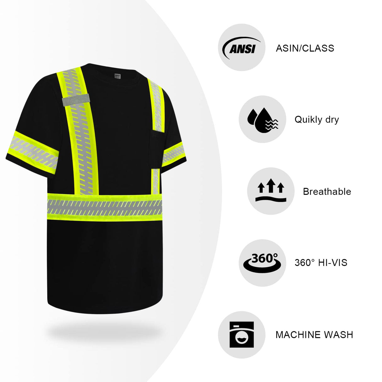 TCCFCCT High Visibility Shirts for Men Class 3 Hi Vis Reflective Safety Shirts for Men Women, Short Sleeve Construction Work Shirts with Green Extend Edge, Meet ANSI, Durable & Breathable, DT-Black L
