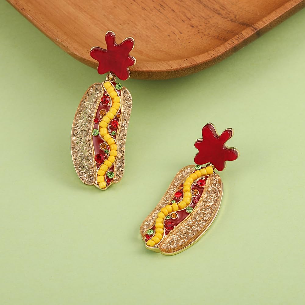 Madison Tyler Hot Dog Dangle Earrings Ketchup Splash Funny Food Jewelry