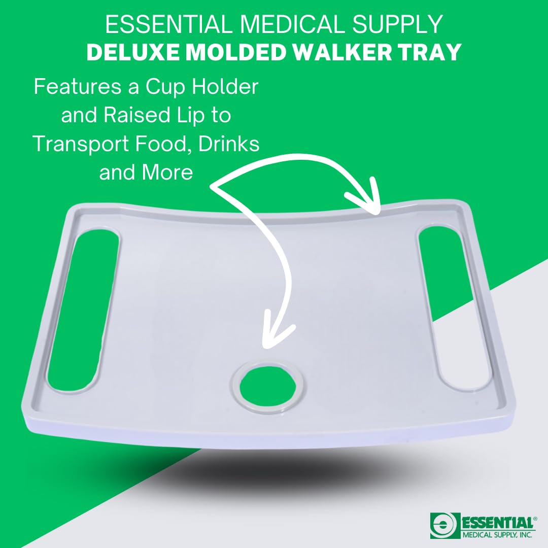 Essential Medical Supply Molded Walker Tray with Cup Holder - Perfect for Mobility and Transport, Fits Most Walkers and Provides Convenient Tray for Almost Any Folding Walker