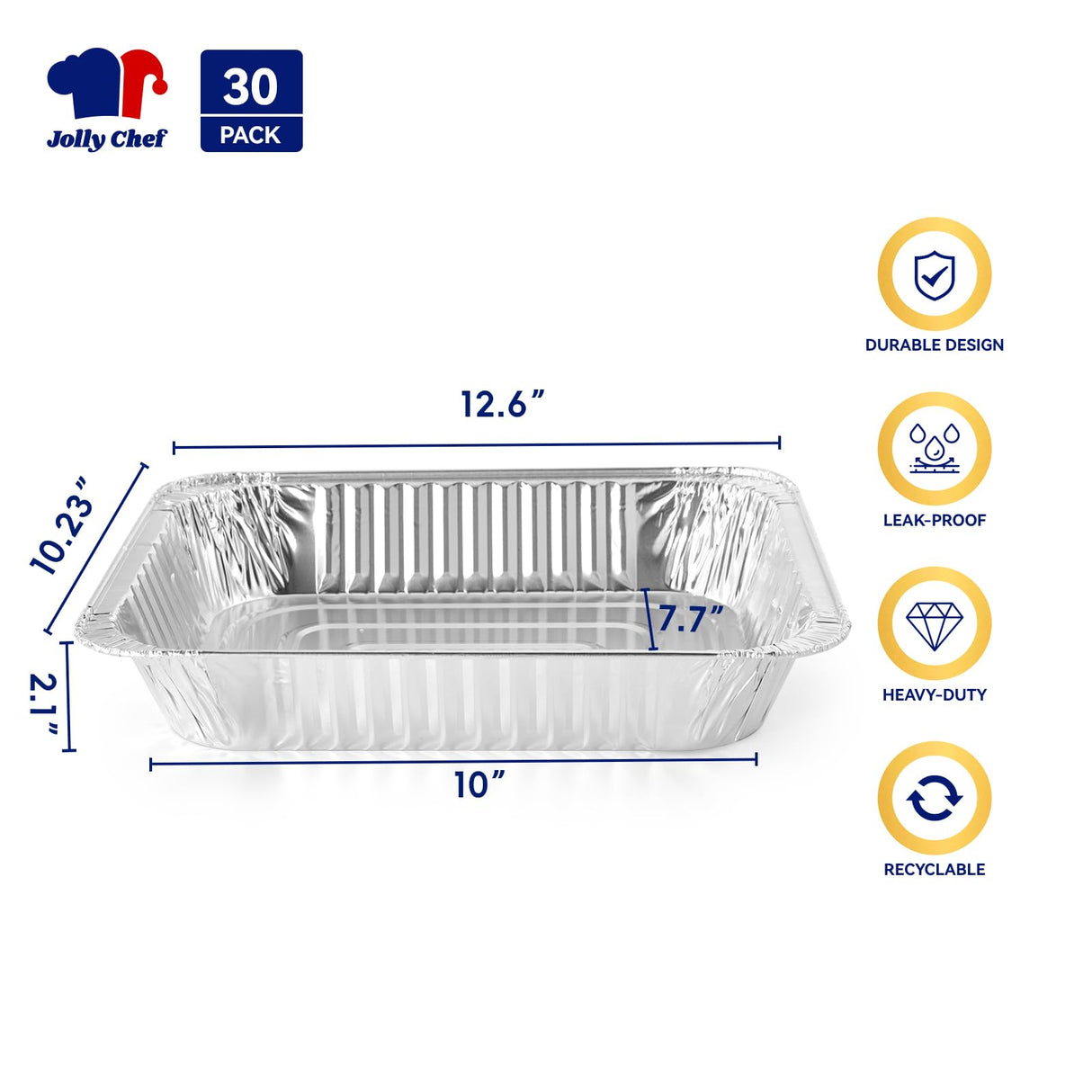 JOLLY CHEF 9x13 Aluminum Foil Pans (30 Pack) - Disposable Half Size Deep Steam Foil Pans for Roasting Turkey, Lasagna, Casseroles - Thanksgiving, Christmas, Parties, Catering