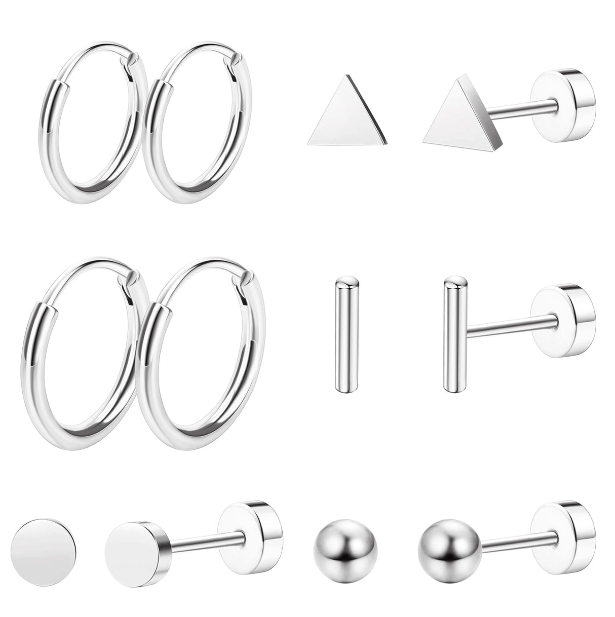 Staligue Titanium Earrings Set - 6 Pairs, Hypoallergenic, Silver