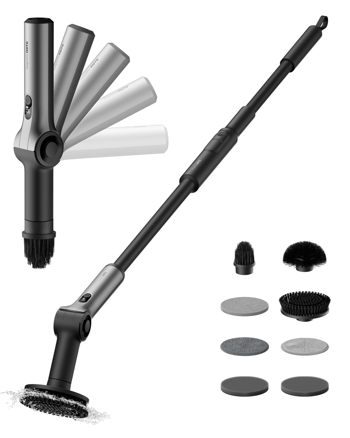 HOTO Flexi™ Cordless Electric Spin Scrubber, Adjustable Angle, Extendable Handle, Smart Display, IPX7 Waterproof, Powerful Cleaning Scrubber with 8 Replaceable Brush Heads, for Bathtub, Bathroom, Tile